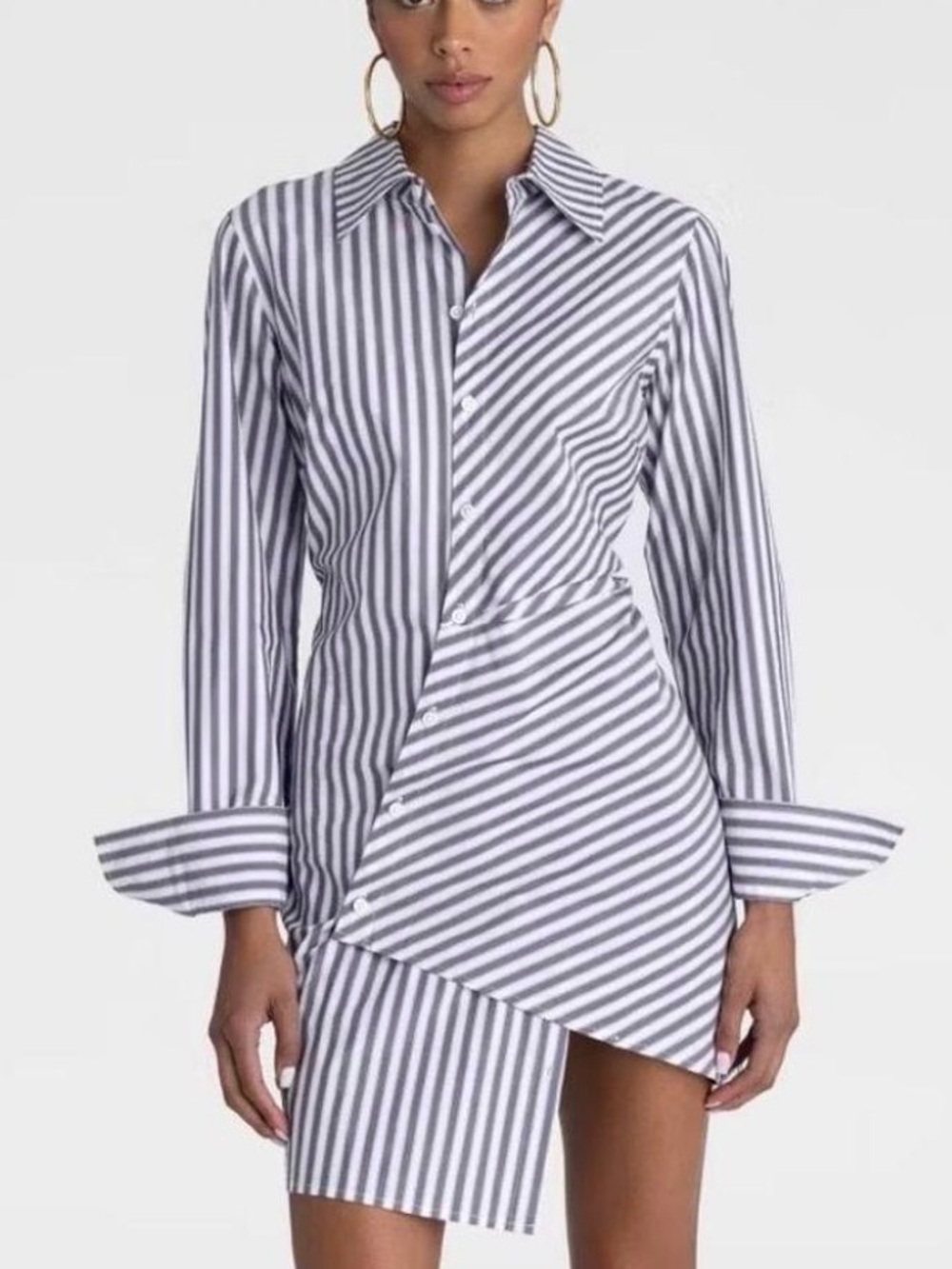 Asymmetrical Striped Shirt Dress in White and Navy